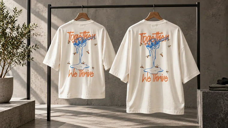 Two oversized T-shirts showing the difference between an intended oversized fit and sizing up