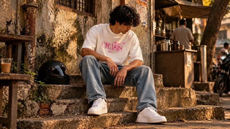 Man wearing a heavyweight 240 GSM cotton oversized T-shirt with relaxed jeans