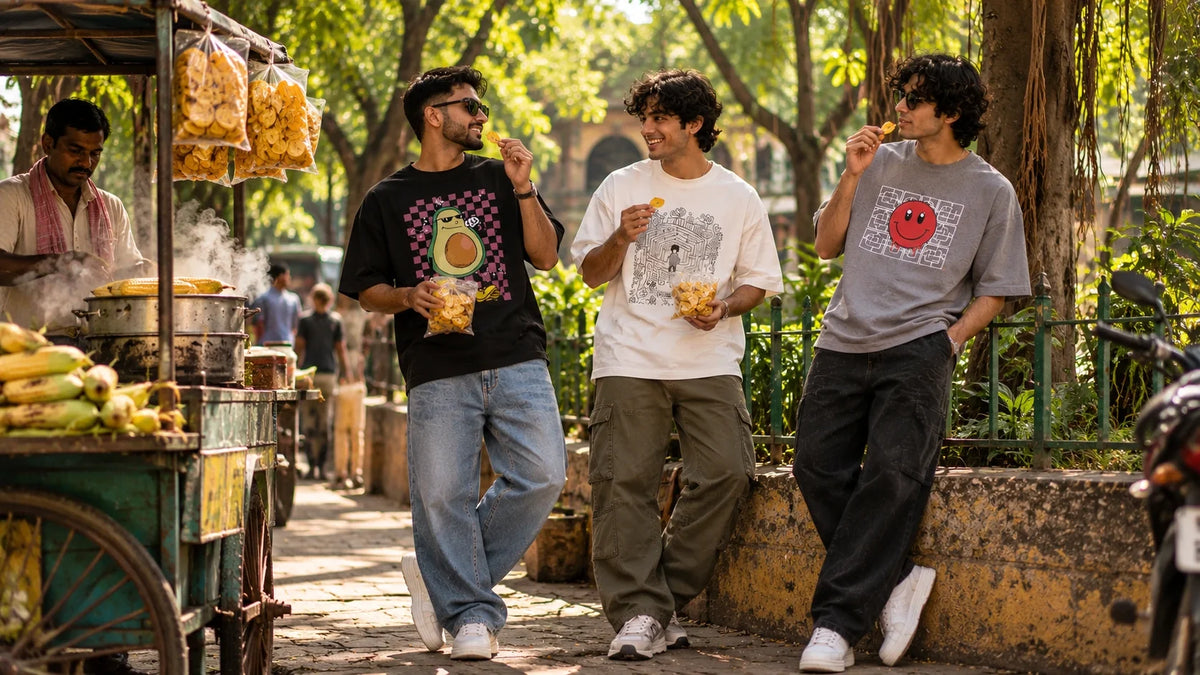 Men wearing oversized graphic T-shirts with jeans, cargo pants and relaxed trousers