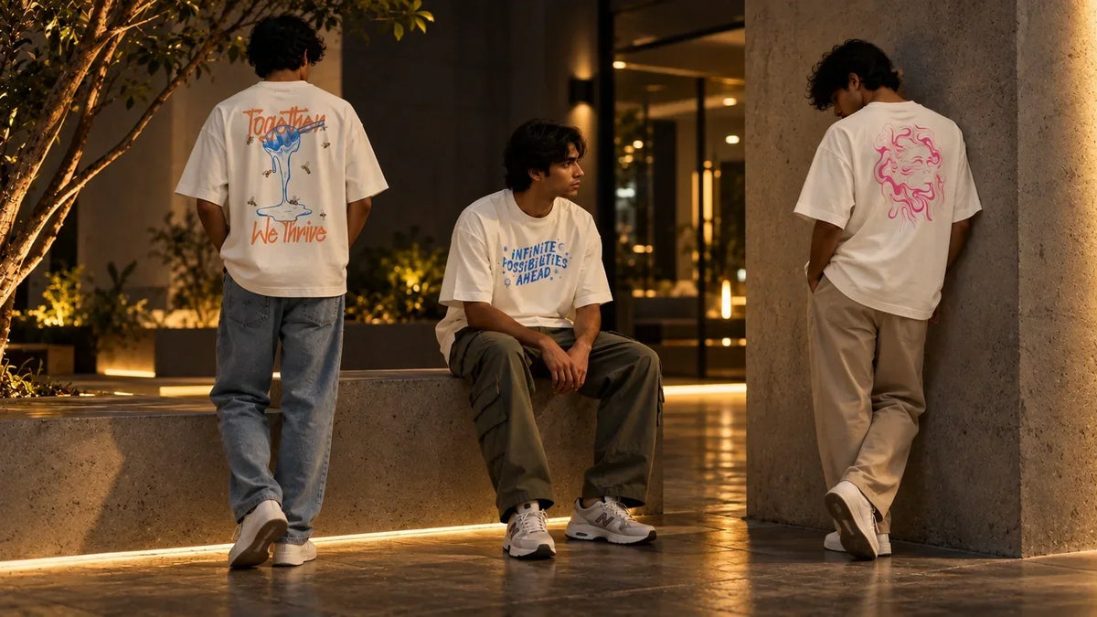 Men wearing oversized T-shirts styled with jeans, cargo pants and relaxed trousers
