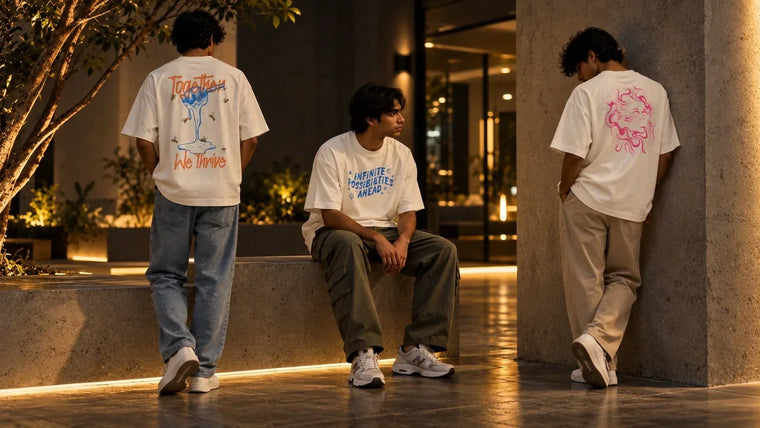 Men wearing oversized T-shirts styled with jeans, cargo pants and relaxed trousers