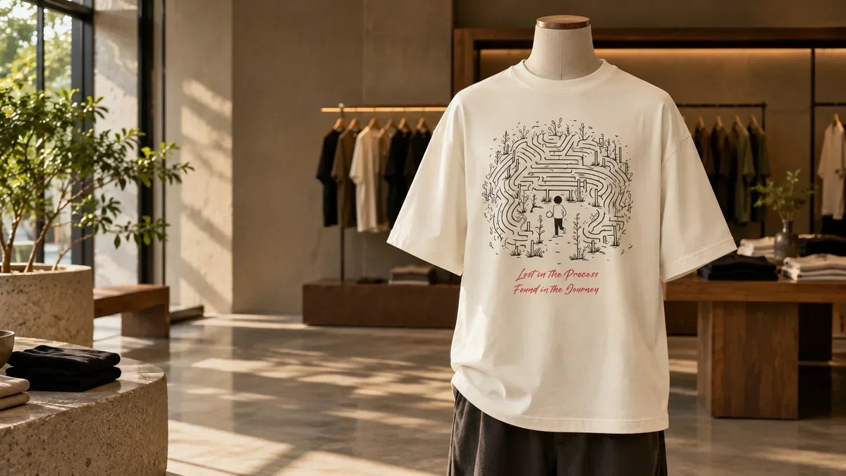 Oversized white graphic T-shirt with drop-shoulder fit displayed in a modern fashion showroom for Bee & Beaver.