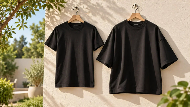 Oversized T-shirt showing relaxed fit, dropped shoulders, wide sleeves and longer body length
