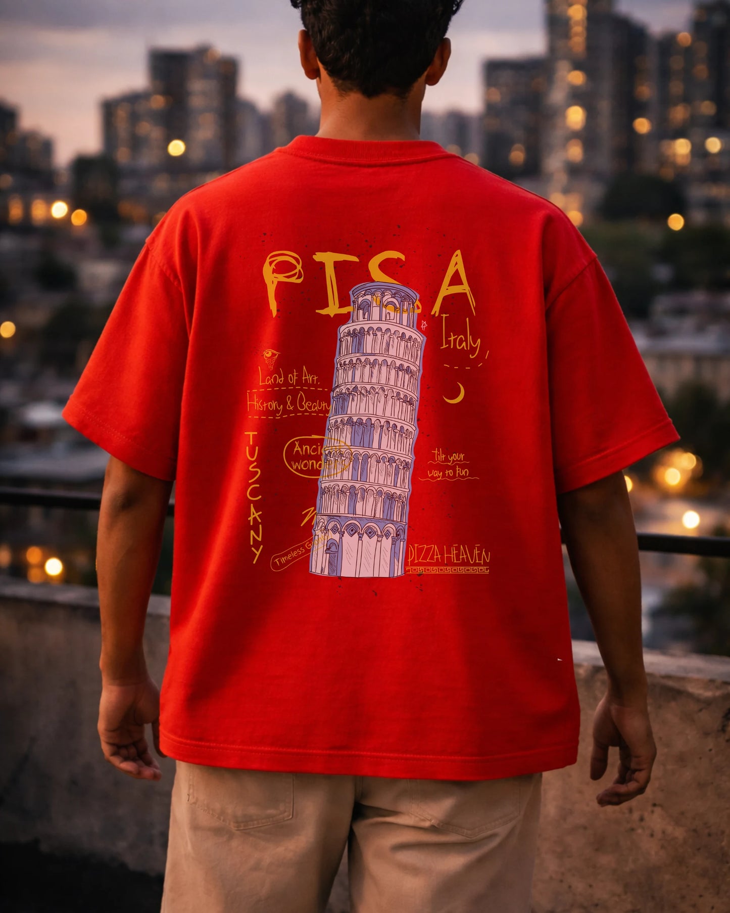 Travel Pisa Back Print Crimson Red Graphic Tee | Bee & Beaver