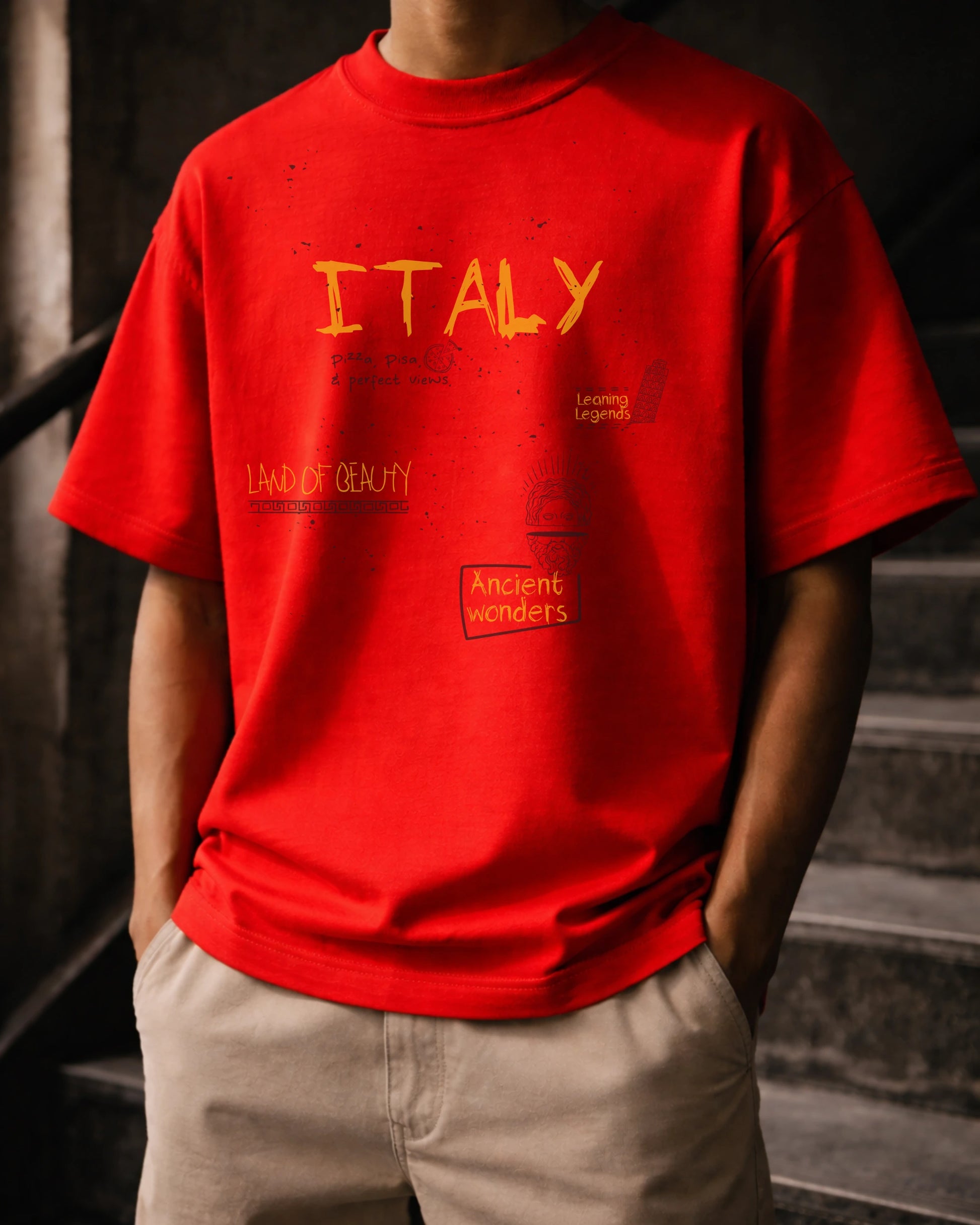 Travel Pisa 240 GSM Crimson Red Oversized Tee | Bee & Beaver
